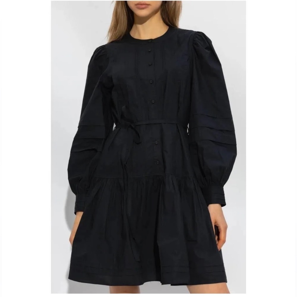 Ulla Johnson Black Cotton Tiered Button Front Dress Size 14